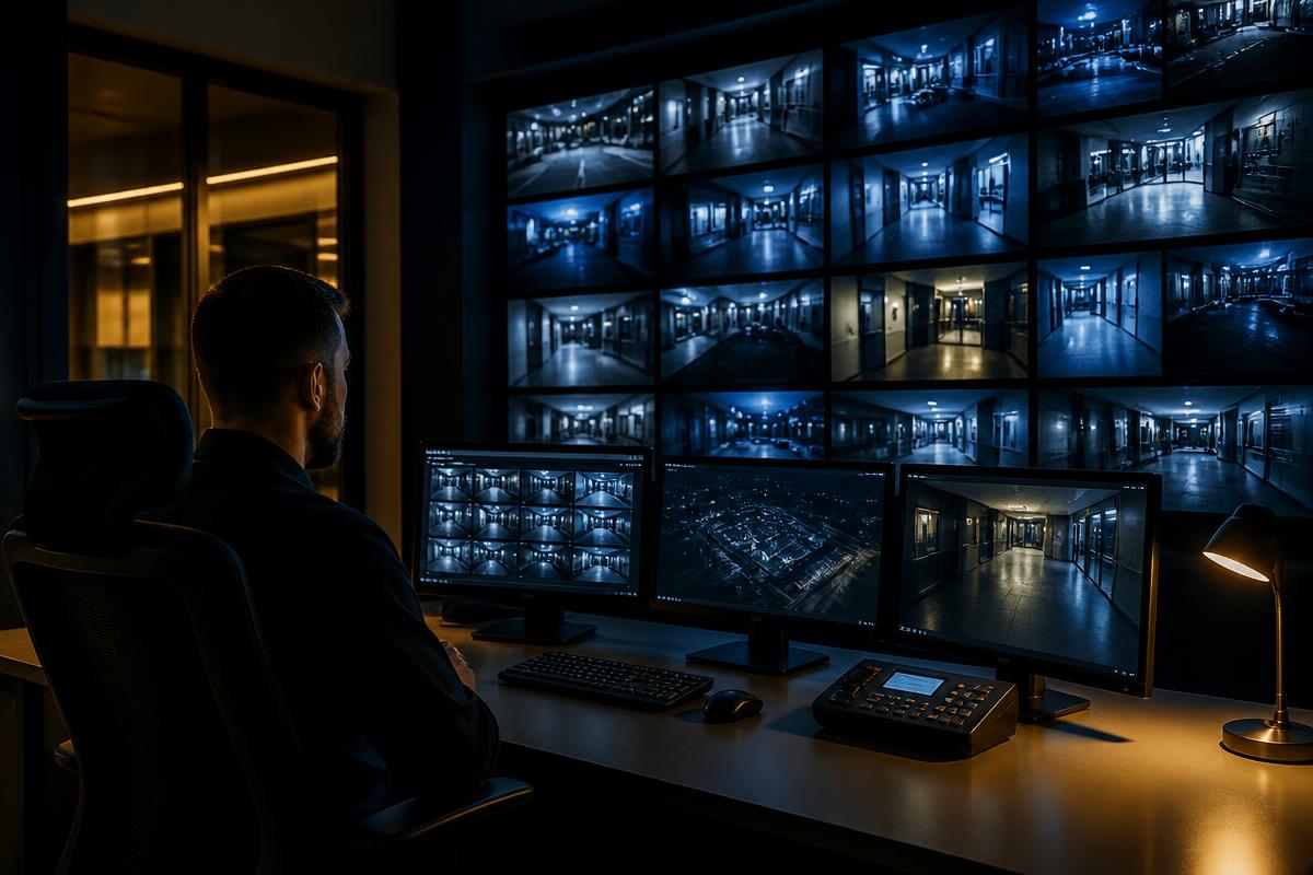Central de monitoramento 24 horas com operador acompanhando câmeras