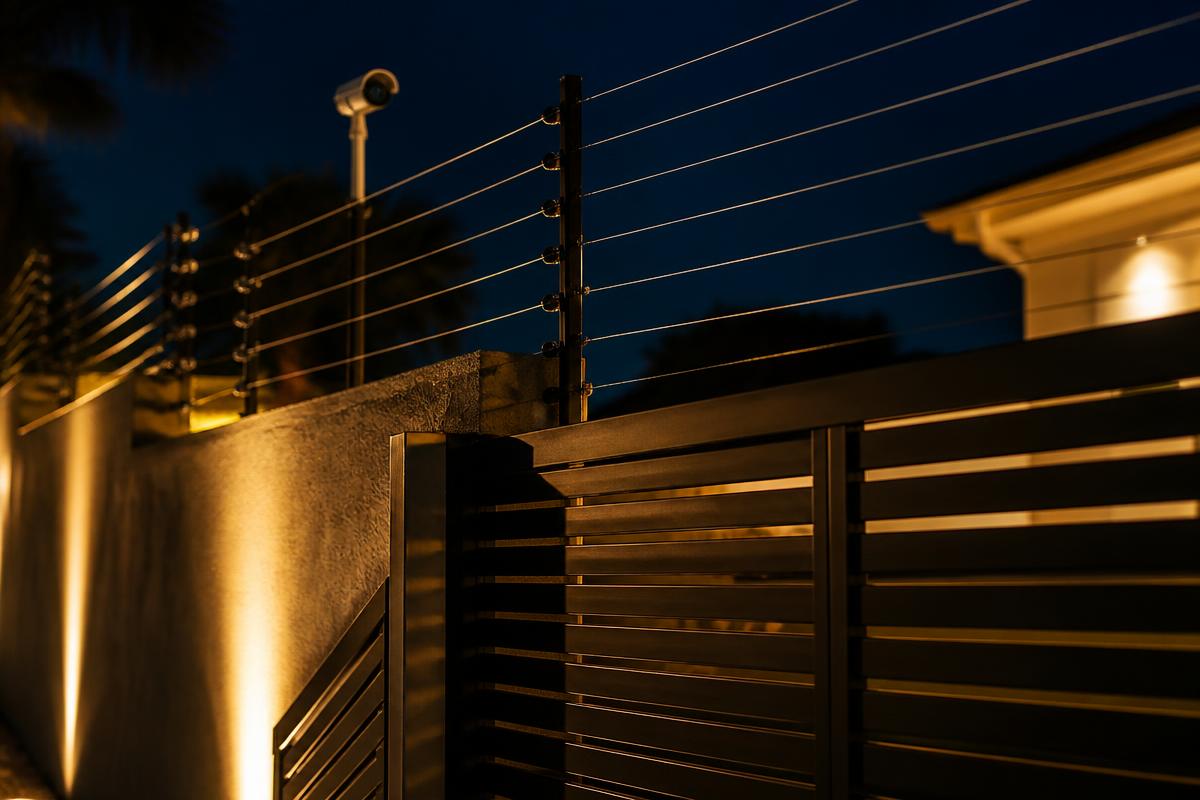 Cerca elétrica e portão automatizado protegendo um muro residencial à noite